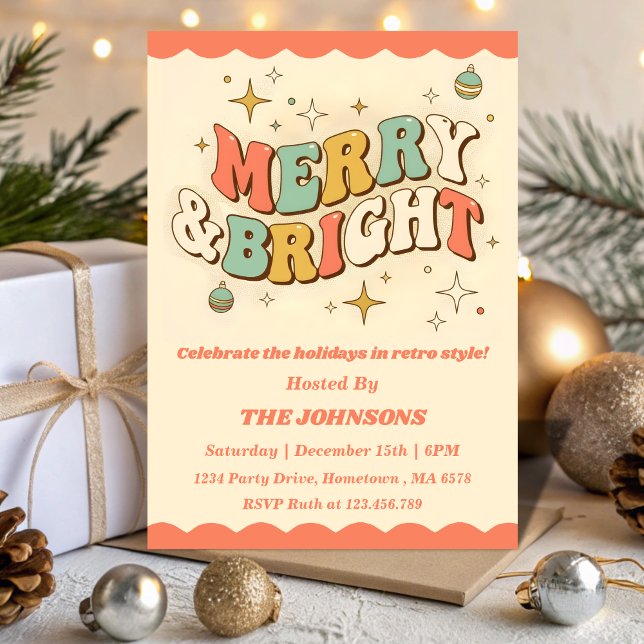 Invitation Fête de Noël Retro Merry & Bright Modifiable (Créateur téléchargé)