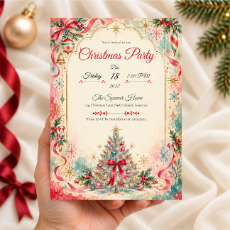 Invitation Fête de Noël Rétro Pastel avec Sapin