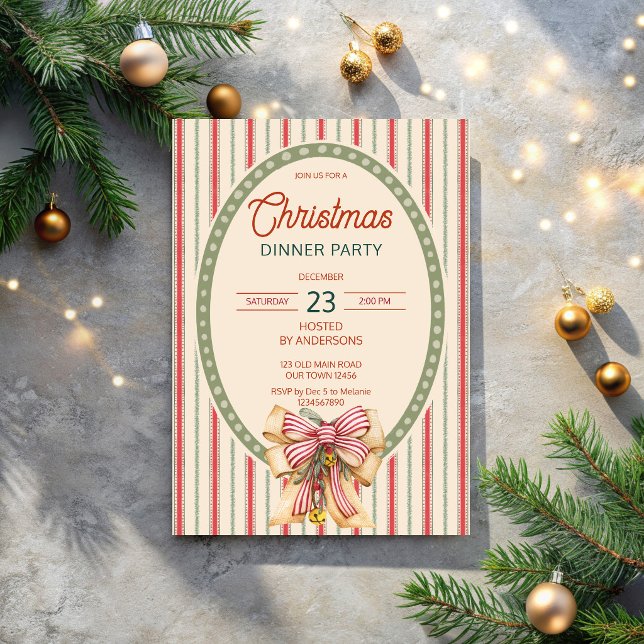 Invitation Fête de Noël rétro rayures grandmilenial dîner (Green red vintage stripes coquette bow Christmas party  elegant invitation cards template)
