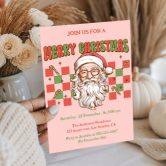 Invitation Fête de Noël rétro rose avec le Père Noël