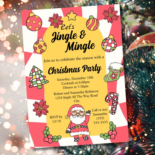Invitation Fête de Noël Retro Rouge Groovy Jingle & Mingle (Créateur téléchargé)