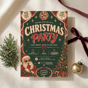Invitation Fête de Noël rétro verte avec boule disco