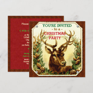 Invitation Fête de Noël Rindeer Rustique Grain de bois