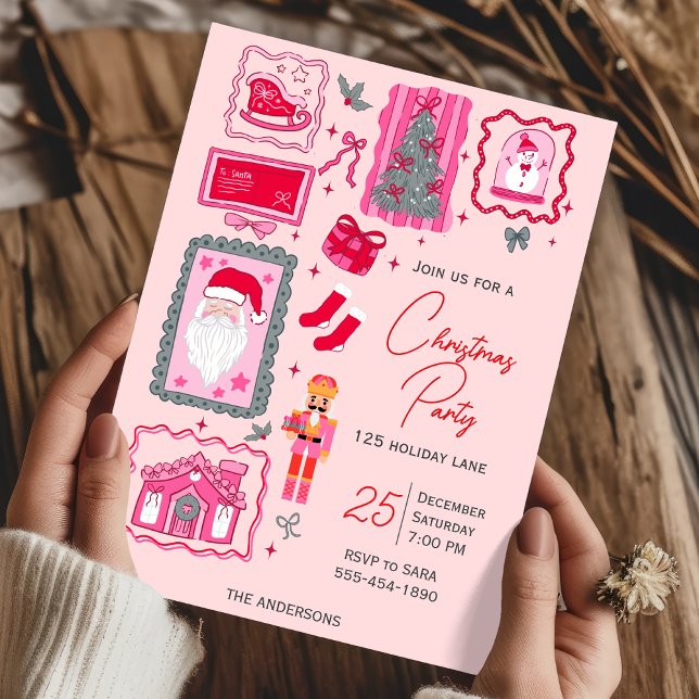 Invitation Fête de Noël rose au dessin coquette à main levée (Créateur téléchargé)