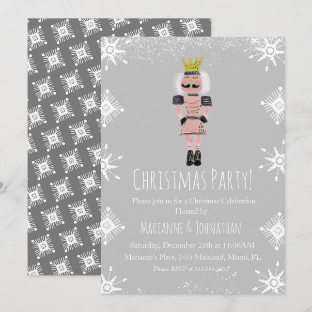Invitation Fête de Noël Rose Casse-Noisette Flocons de Neige (Devant / Derrière)