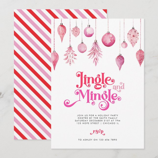 Invitation Fête de Noël rose Jingle et Mingle (Devant / Derrière)