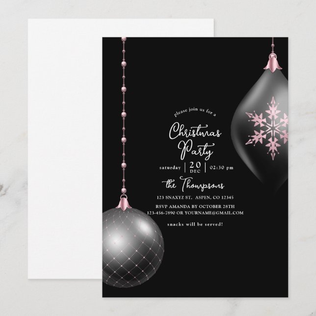 Invitation Fête de Noël Rose Pâle et Noir (Devant / Derrière)