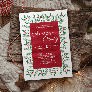 Invitation Fête de Noël Rouge Aquarelle Botanique