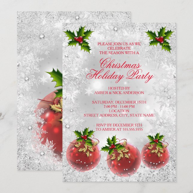 Invitation Fête de Noël Rouge Bauble de houx argenté (Devant / Derrière)
