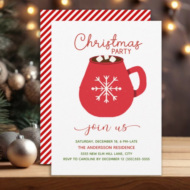 Invitation Fête de Noël Rouge Blanc Hot Cocoa (Red and white hot cocoa and candy stripes Christmas party invitation)