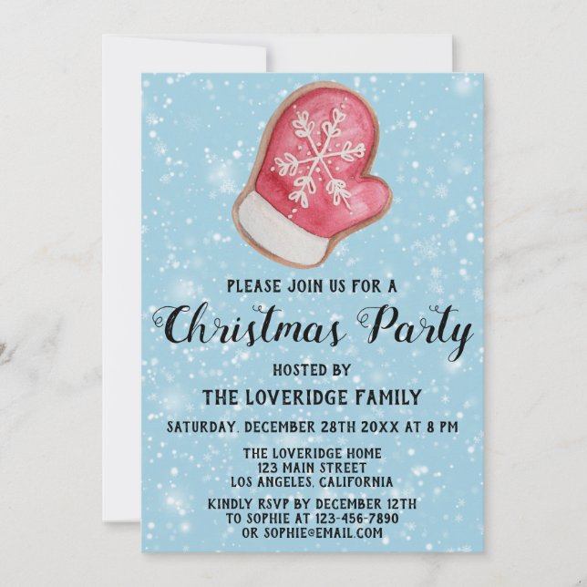 Invitation Fête de Noël Rouge Blanc Mitte Bleu Neige (Devant)