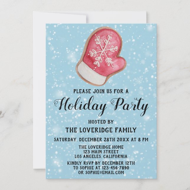 Invitation Fête de Noël Rouge & Blanc Mitten Biscuit Bleu Nei (Devant)