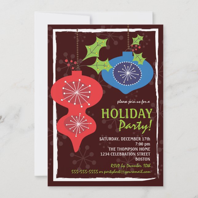 Invitation Fête de Noël rouge et bleu rétro (Devant)