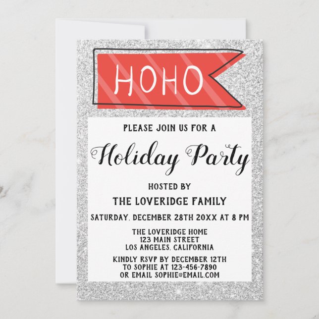 Invitation Fête de Noël rouge et gris avec paillettes argenté (Devant)