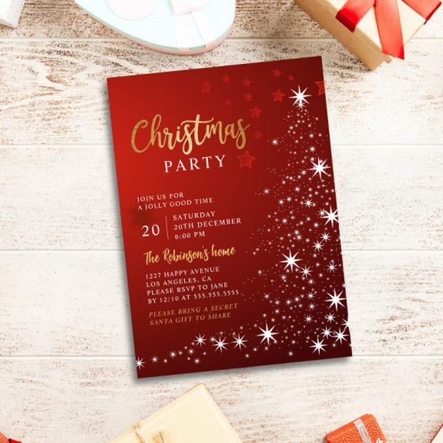 Invitation Fête de Noël Rouge Et Or Étoiles Arbre (Créateur téléchargé)