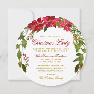 Invitation Fête de Noël Rouge Floral Poinsettia Round