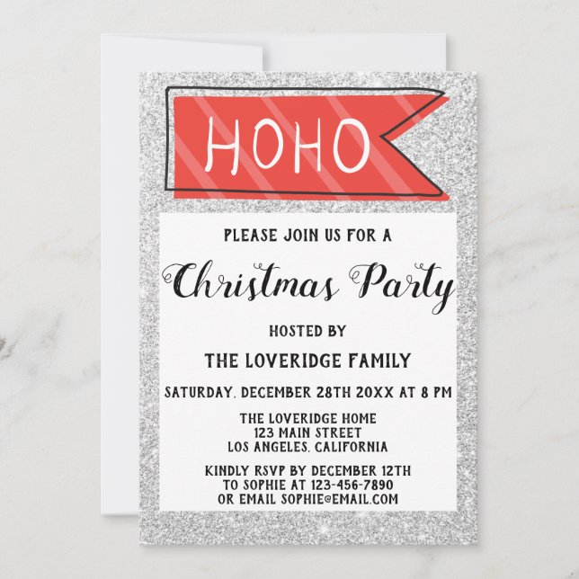 Invitation Fête de Noël Rouge & Gris Paillettes Argentées (Devant)