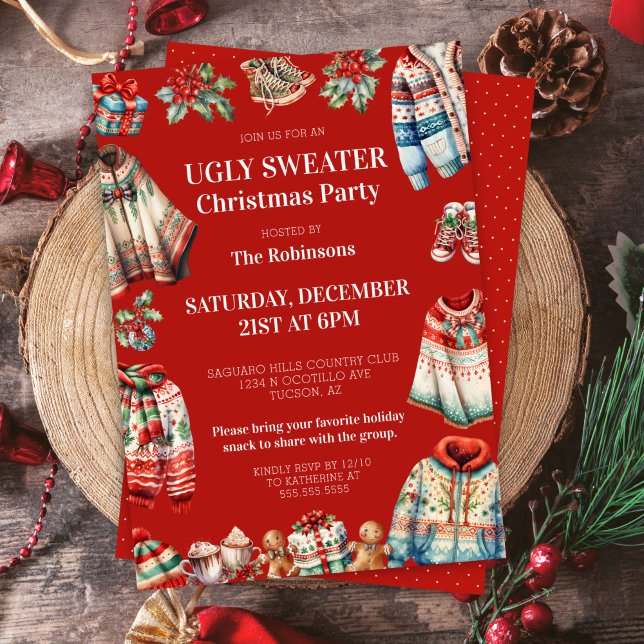 Invitation Fête de Noël rouge moche Jumper (Red ugly christmas sweater party invitation for ugliest jumper contest holiday party invites)