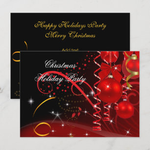 Invitation Fête de Noël Rouge Noir Boules Dorées