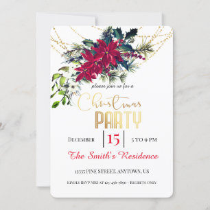 Invitation Fête de Noël Rouge Poinsettia Floral