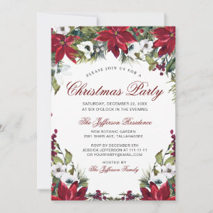 Invitation Fête de Noël Rouge Poinsettia Floral Aquarelle