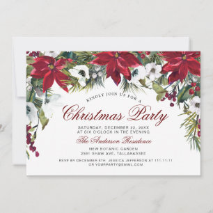 Invitation Fête de Noël Rouge Poinsettia Floral Aquarelle