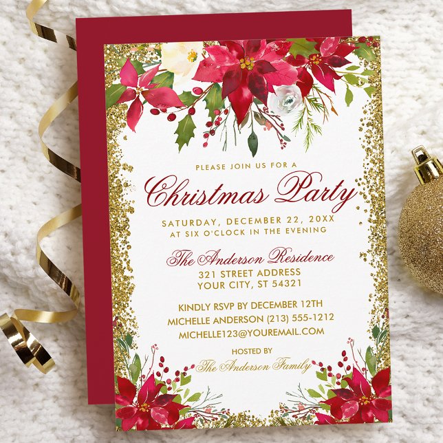Invitation Fête de Noël Rouge Poinsettia Floral Gold Parties  (Customize to change text color, size, style or to change color of back of card.)