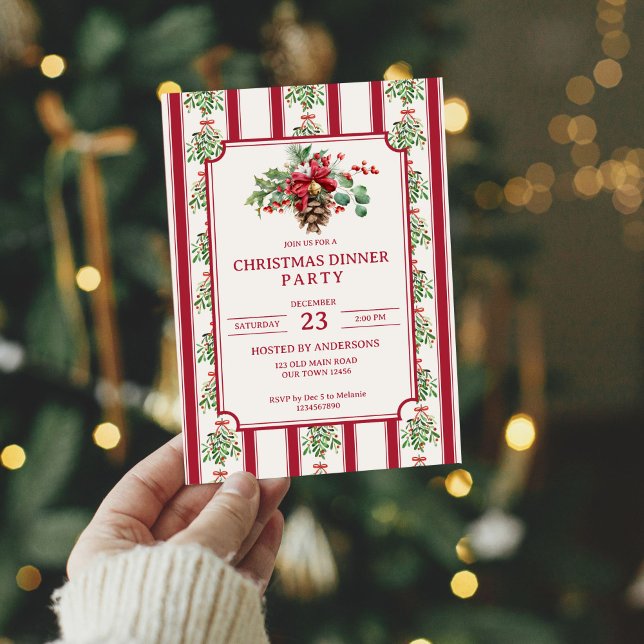 Invitation Fête de Noël rouge rétro rayures pin arc (Christmas dinner party red retro stripes pine winter greenery bow invitation cards template)