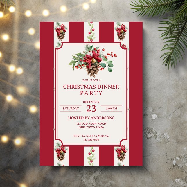 Invitation Fête de Noël rouge rétro rayures pin arc (Christmas dinner party red retro stripes pine cone bow winter greenery elegant party invitation card)