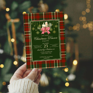 Invitation fête de Noël rouge vert carreaux pin noeud élégant