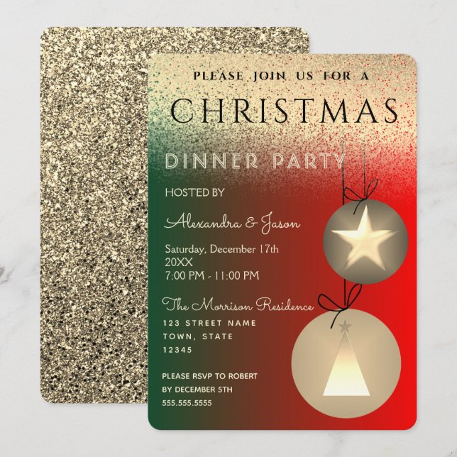 Invitation Fête de Noël Rouge Vert et Paillettes Dorées (Devant / Derrière)