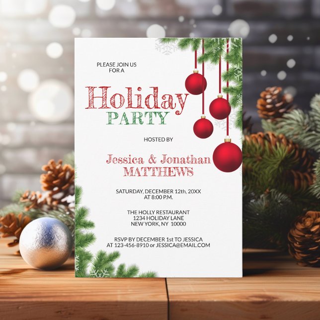 Invitation FÊTE DE NOËL Rouge Vert Ornement Pine Neige (CHRISTMAS HOLIDAY PARTY Red Green Ornament Pine Snow Invitation)