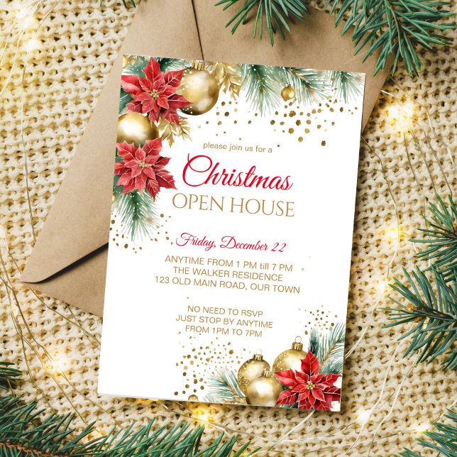 Invitation Fête de Noël roumain poinsettia or (Christmas open house template invitation watercolor red poinsettia gold baubles pines gold sprinkles)