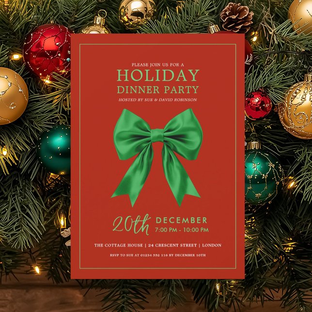 Invitation Fête de Noël Ruban de Satin Vert Rouge (Holiday Dinner Party Green Satin Bow Red Invitation)