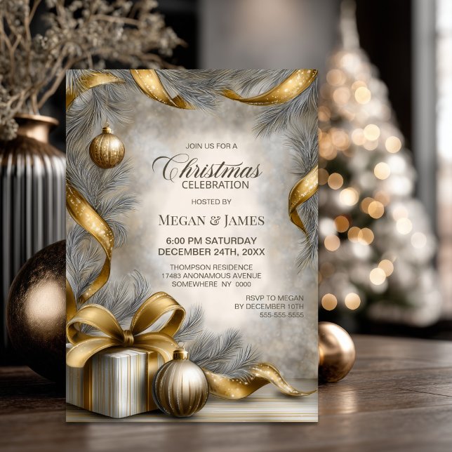 Invitation Fête de Noël Ruban Doré et Ornements (Créateur téléchargé)