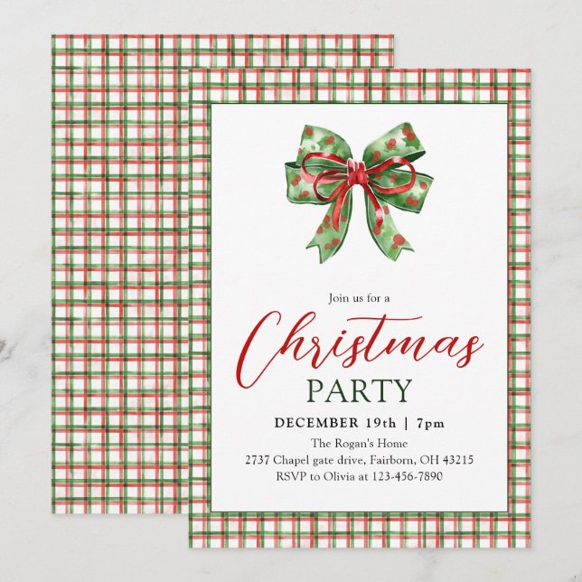 Invitation Fête de Noël Ruban Vert Rouge Aquarelle  (Devant / Derrière)