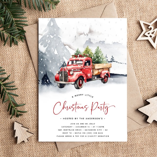 Invitation Fête de Noël rustique aquarelle camion rouge hiver (Créateur téléchargé)