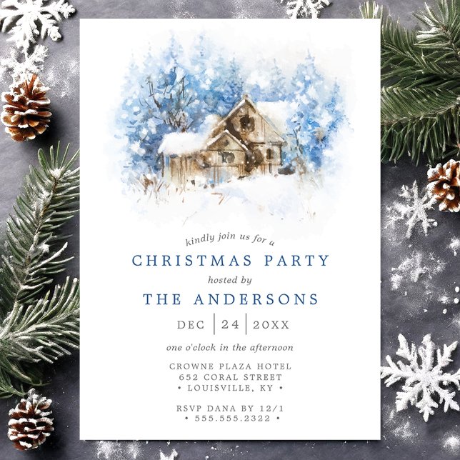 Invitation Fête de Noël rustique aquarelle de cabane de campa (Créateur téléchargé)