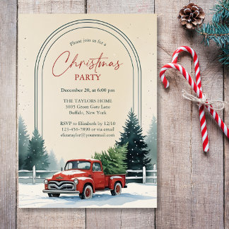 Invitation Fête de Noël rustique avec camion rouge et pins en