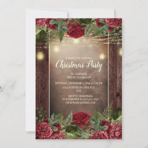 Invitation Fête de Noël Rustique Bois Bourgogne Floral String