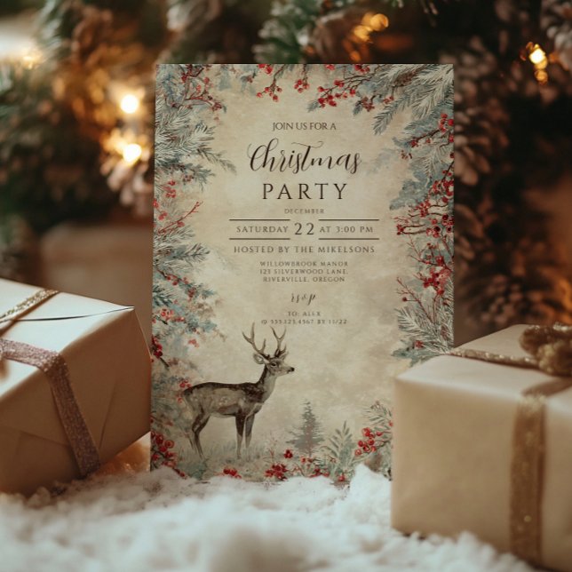 Invitation Fête de Noël Rustique Cerf Pin Baie (Créateur téléchargé)