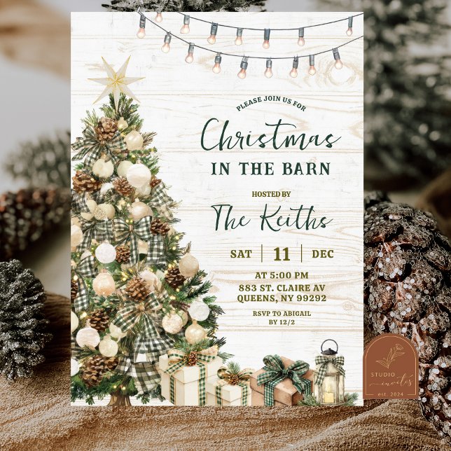 Invitation Fête de Noël rustique de la cour de ferme en vert  (Créateur téléchargé)