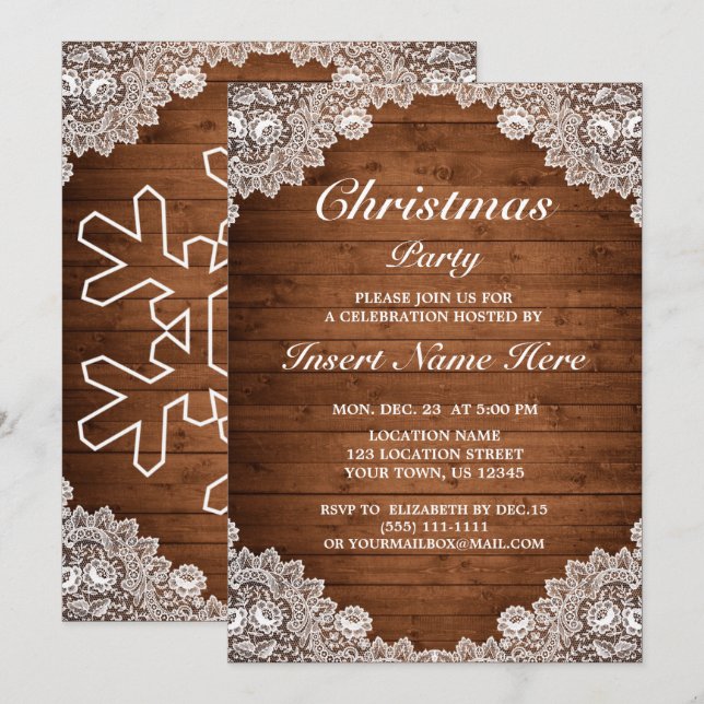 Invitation Fête de Noël Rustique en bois et dentelle blanche (Devant / Derrière)
