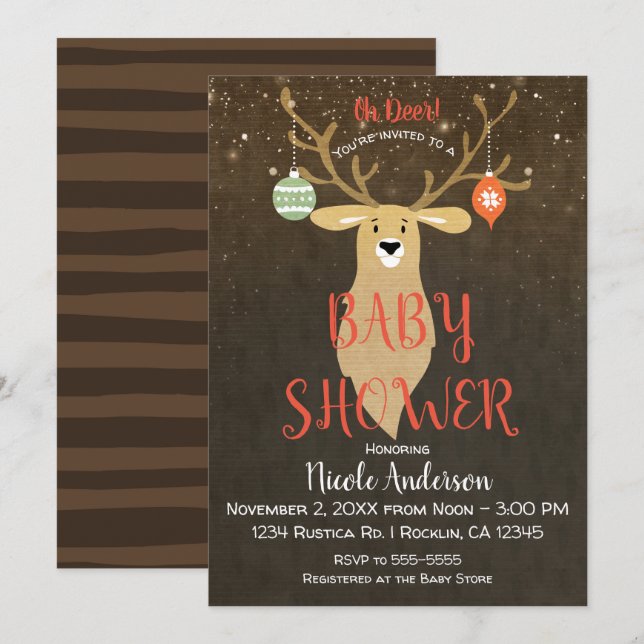 Invitation Fête de Noël Rustique Hiver Cerf Baby Shower (Devant / Derrière)