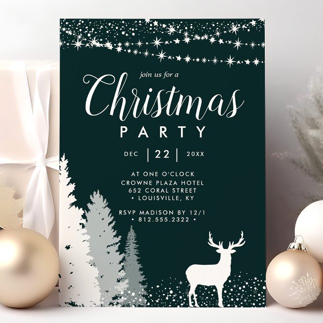 Invitation Fête de Noël Rustique Hiver Cerf Bois Vert (Créateur téléchargé)