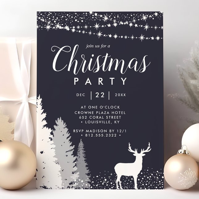 Invitation Fête de Noël Rustique Hiver Cerf Forêt Bleue (Créateur téléchargé)
