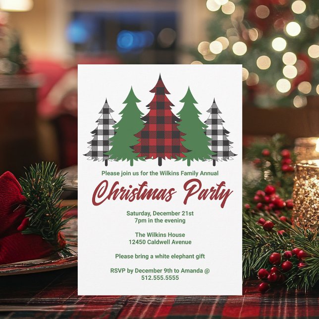 Invitation Fête de Noël Rustique Red Plaid Green Trees (Créateur téléchargé)