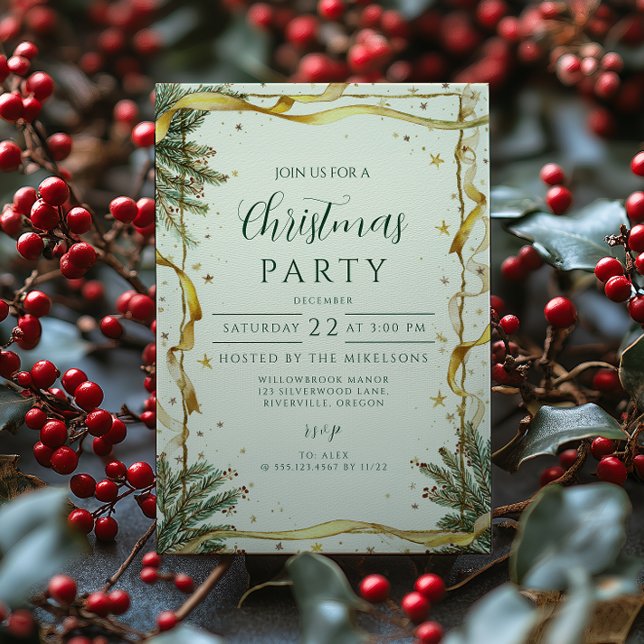 Invitation Fête de Noël rustique ruban doré (Créateur téléchargé)