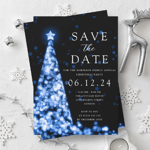 Invitation Fête de Noël Sauvegarder La Date Bleu Arbre Glam