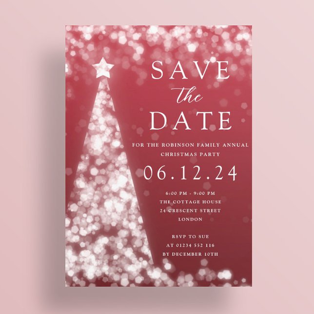Invitation Fête de Noël Sauvez La Date Arbre Argent Glam Roug (Créateur téléchargé)